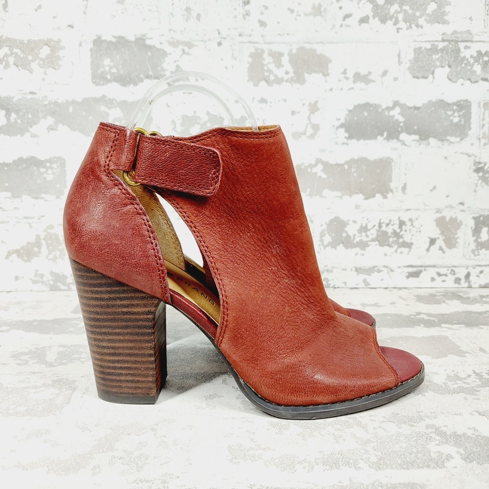 NEW Lucky Brand Laciann Burgundy Peep Toe Block Heel Leather Ankle Boots K976 - Picture 6 of 14